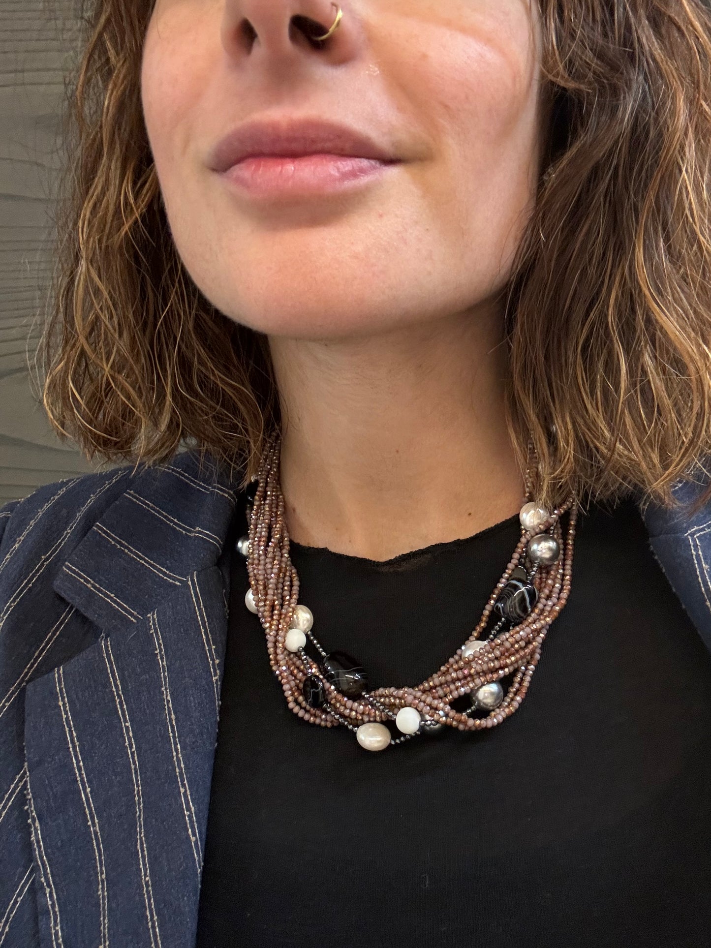 Collana Multifilo Cristalli Perle & Pietre